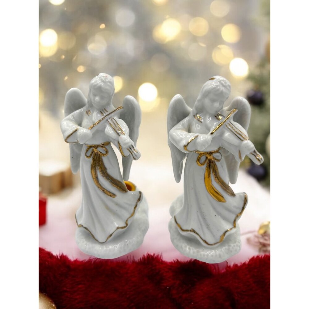 Vintage White Porcelain Angel Playing Violin Candle holders Set of 2 4 3/8"